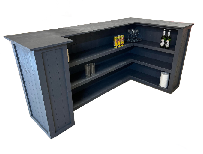 Irregular U-shape Grey Negroni home bar with customisable returns and deep shelving