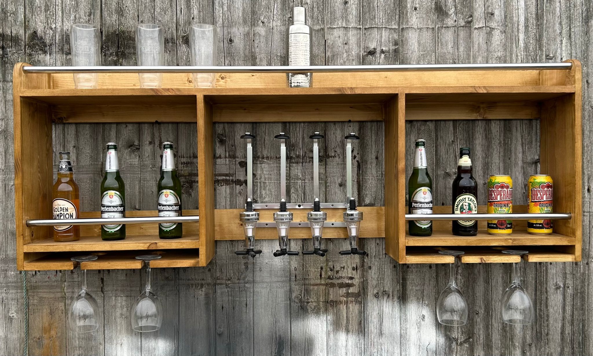wall mounted drinks rack in satin oak with optics