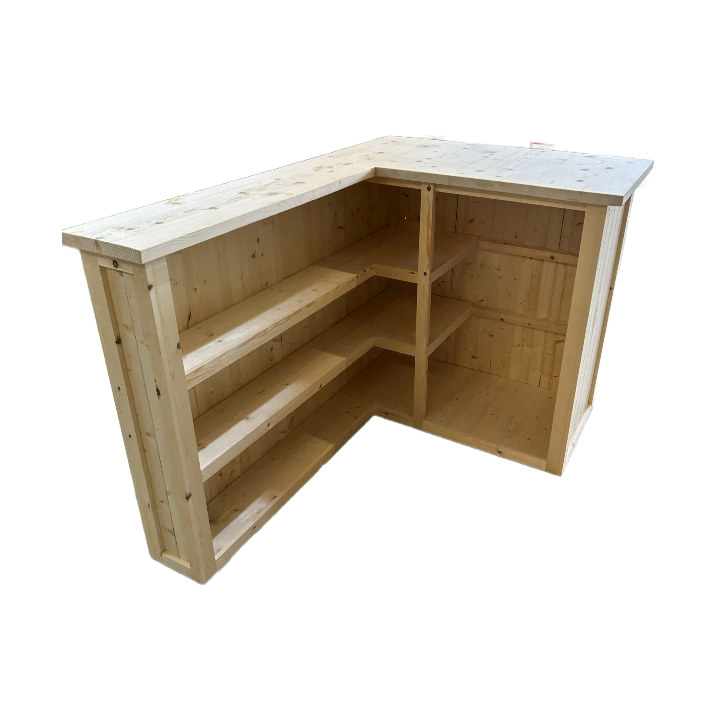Raw timber home bar in L-shape, handcrafted UK wood corner bar with mini-fridge space