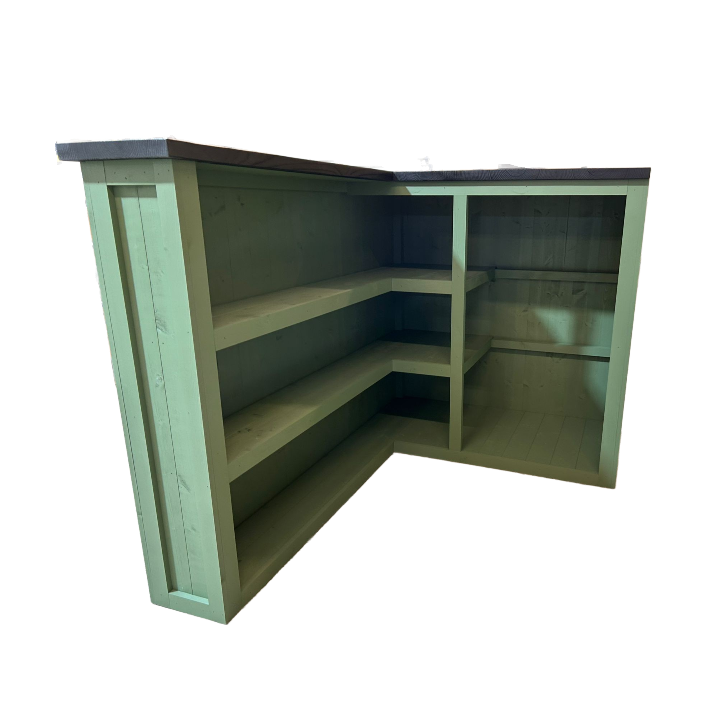 Elegant Black Sage painted L-shape Aperol Spritz home bar in sustainable timber, 160x107cm corner design with open mini-fridge compartment and tiered shelves under warm studio lighting