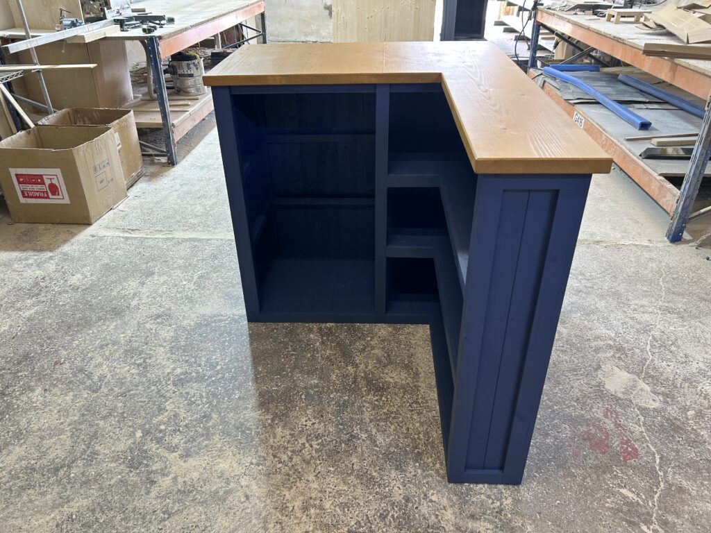 Satin Navy L-shape corner home bar with shelving and spacious fridge compartment
