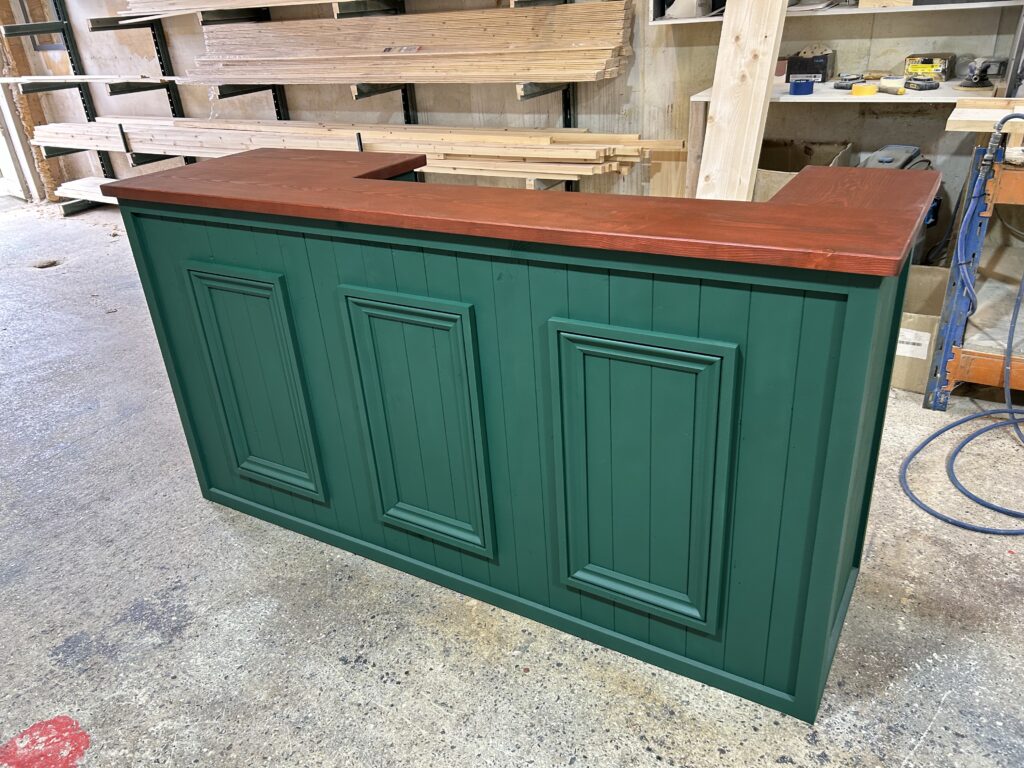 Bold Luxe Mahogany Green painted finish on handcrafted Old Fashioned home bar