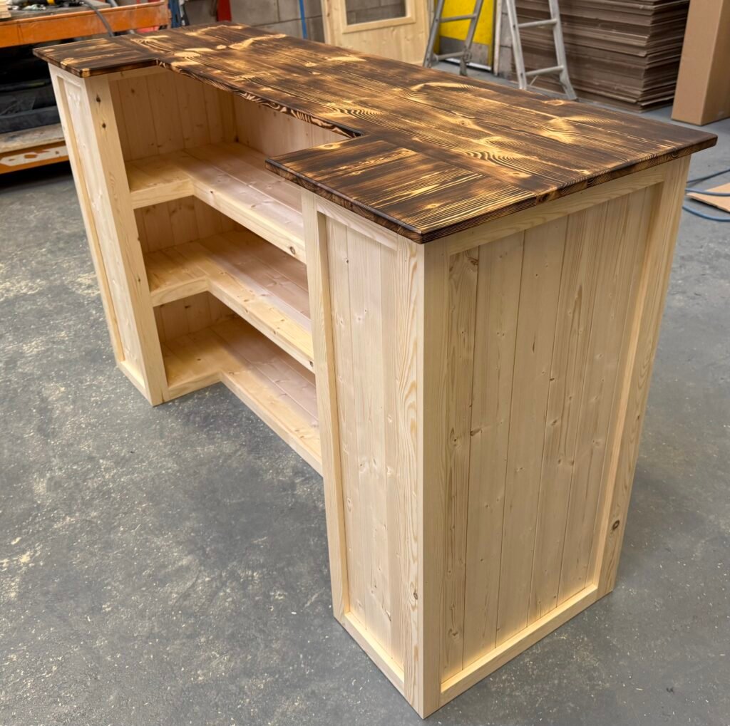 Burnt effect worktop on Smoked Natural Rum Punch home bar