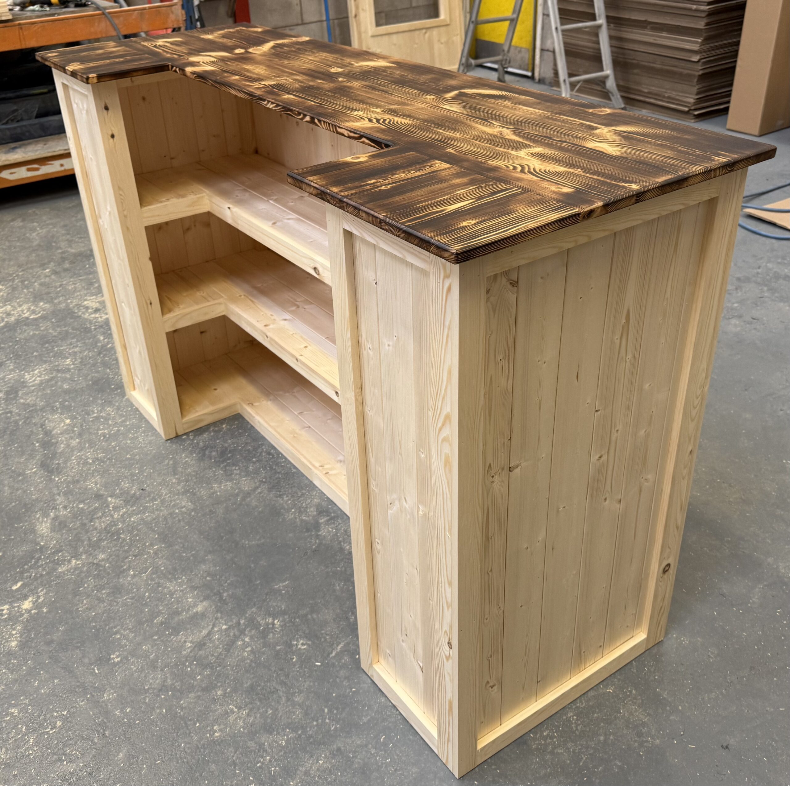 Burnt effect worktop on Smoked Natural Rum Punch home bar