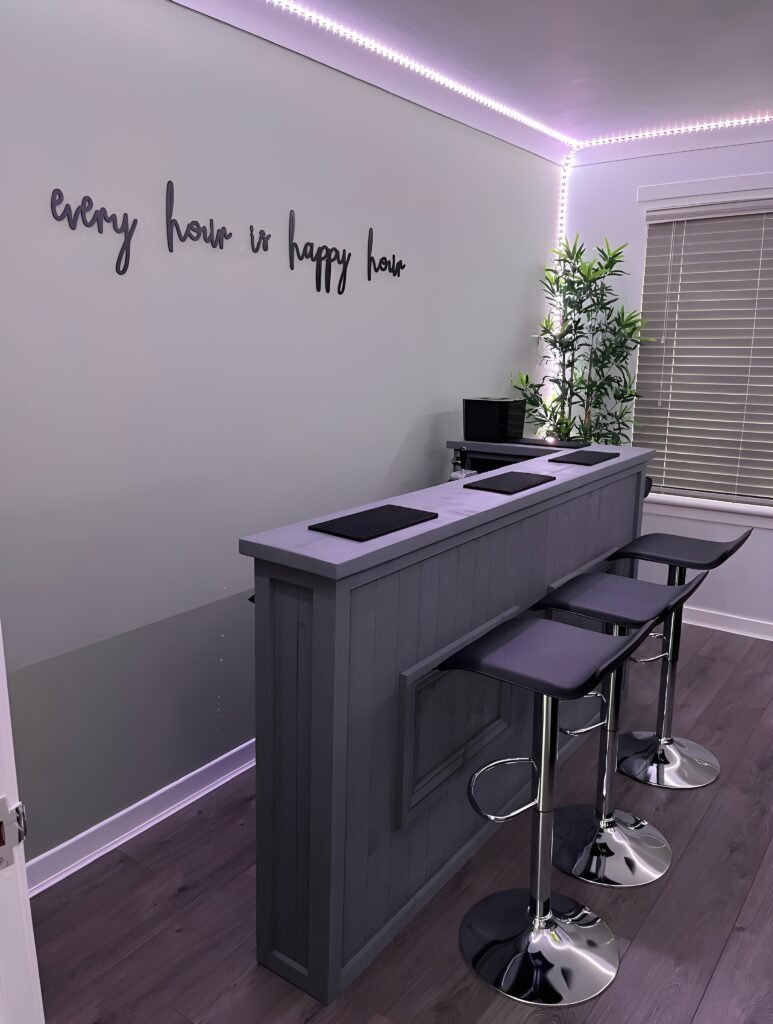 Luxe Grey L-shape Martini home bar in corner with configurable return and fridge compartment