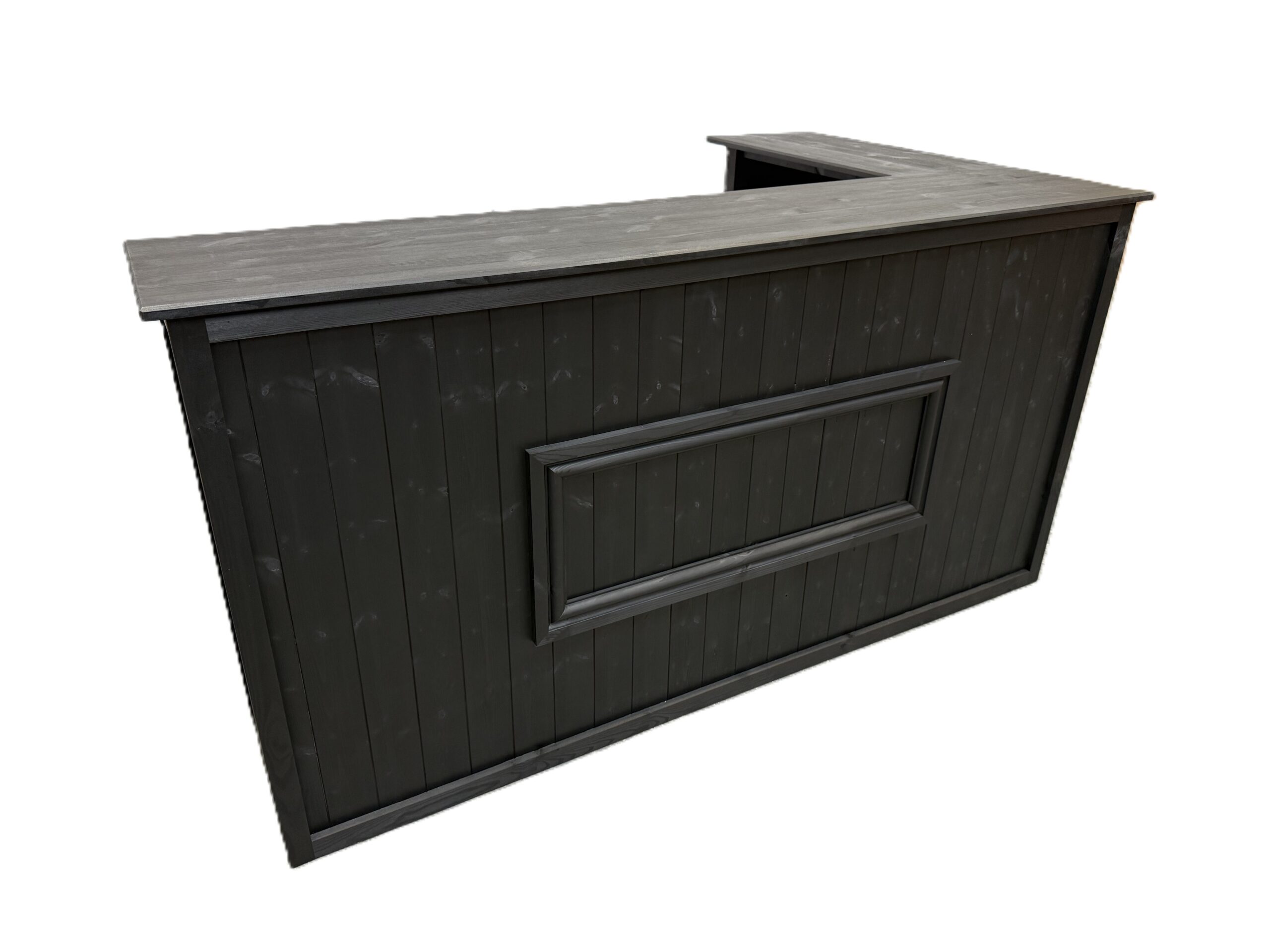 Wide black Luxe Long Island home bar with deep back bar shelving