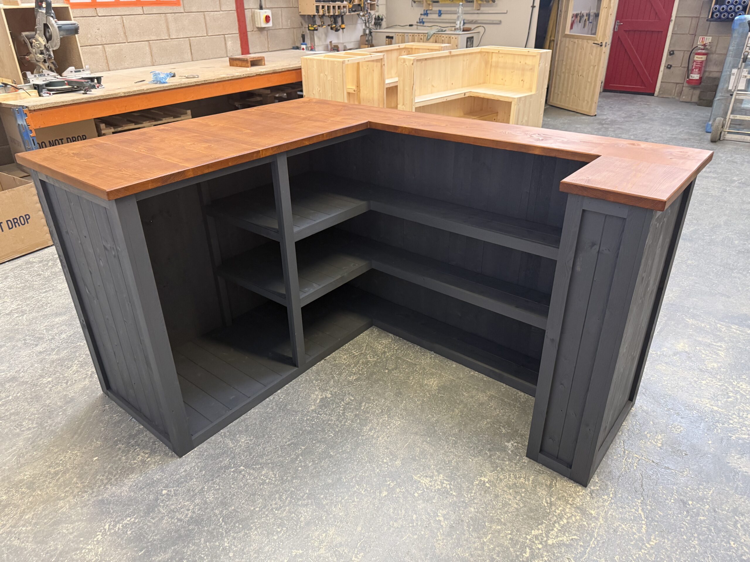 large home bar grey with satin oak top, built in fridge compartment