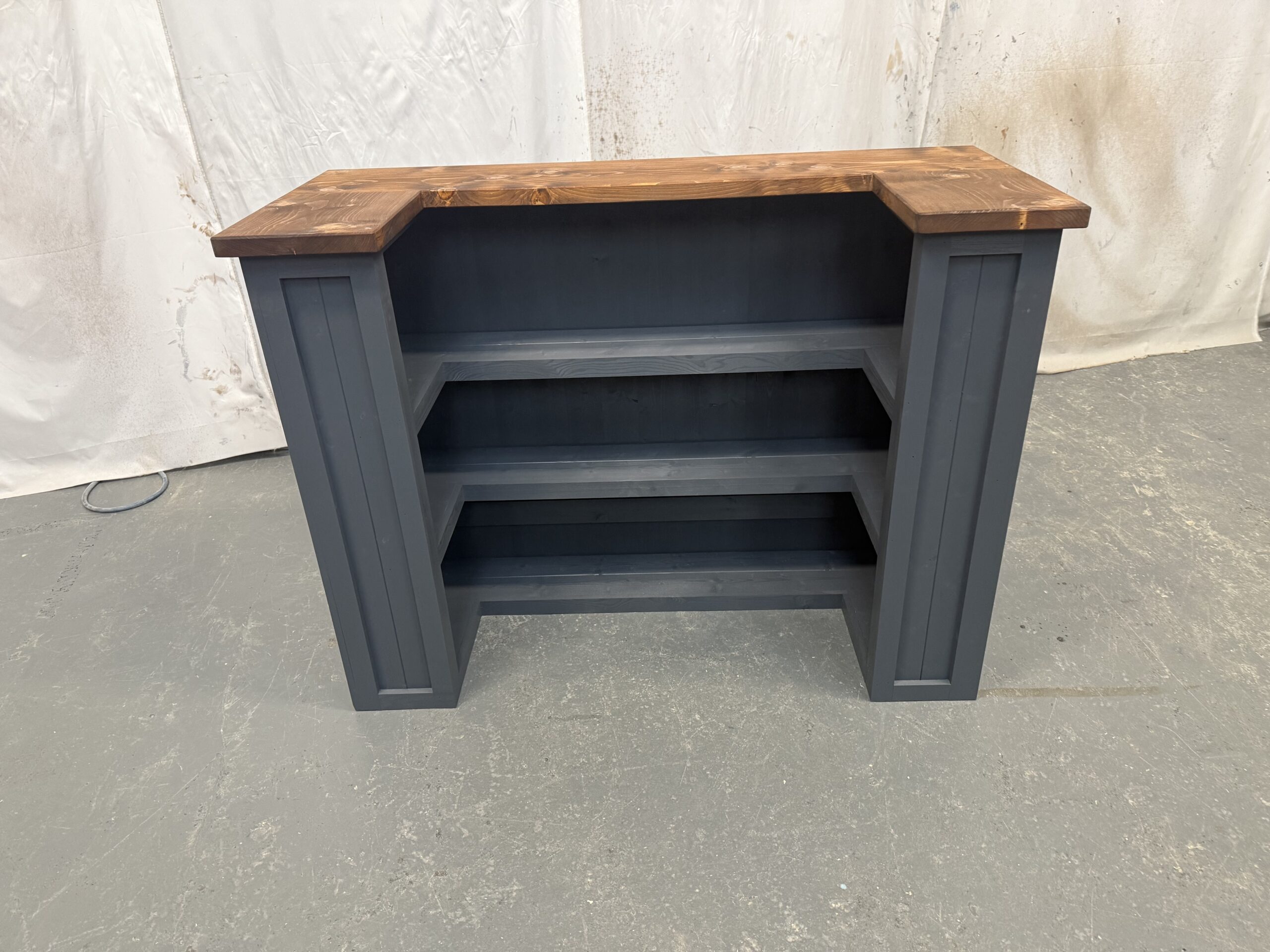 u shape bar with shelving, gret and dark oak espresso top varnish